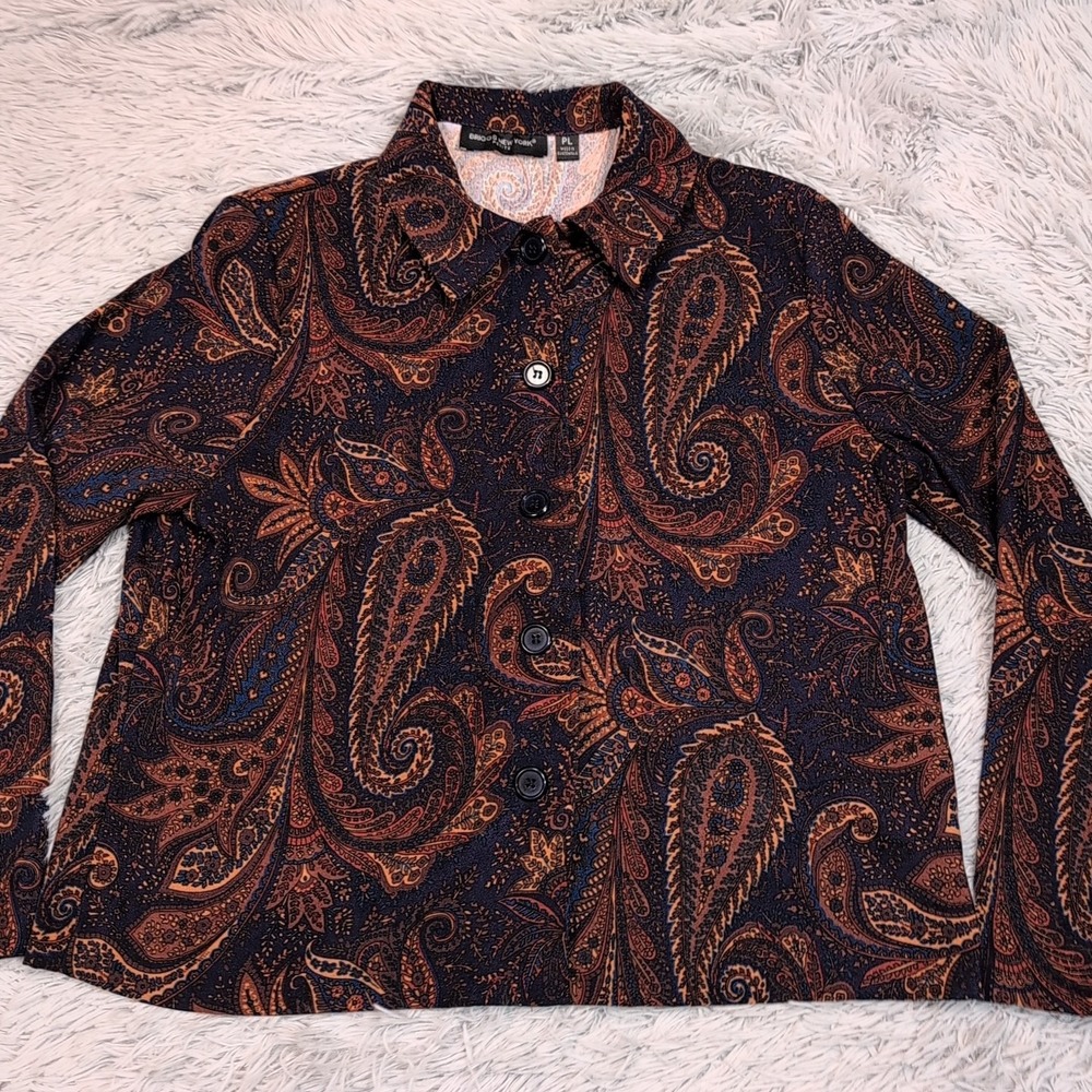 Vintage Briggs New York Jacket Womens L Petite Brown Blazer Comfort Soft Button